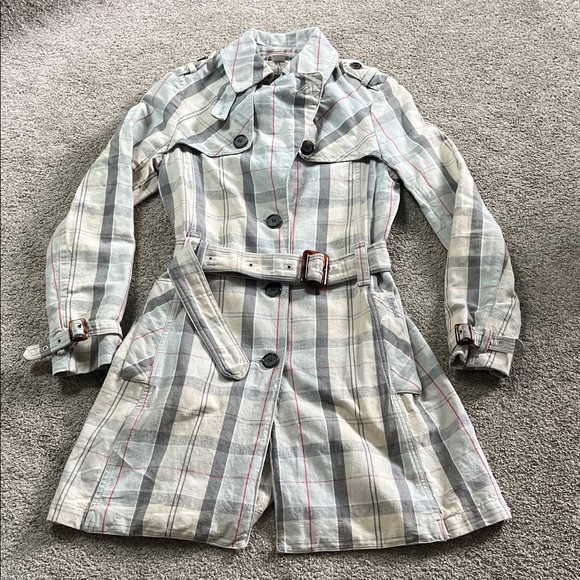 Jackets & Blazers - Classic Barbour Pastel Plaid sz4 Cotton Linen Tortoiseshell Hardware Trench EUC